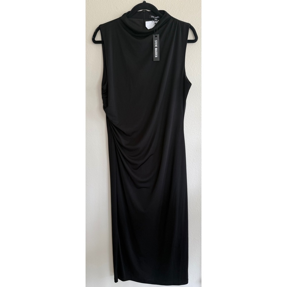Steve Madden Sleeveless Draped Dress High Neckline Side Ruching Black Size XL